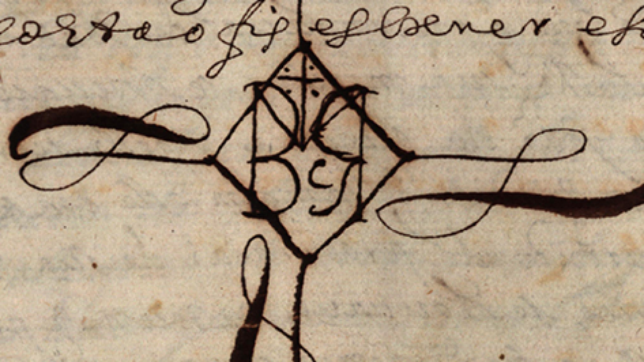 Autenticação do traslado do Alvará de nomeação do superintendente das obras do novo Convento, feita em 21 de agosto de 1654, por Manuel Rodrigues da Costa, tabelião de Coimbra. Letras monogramáticas inseridas no seu sinal de tabelião.