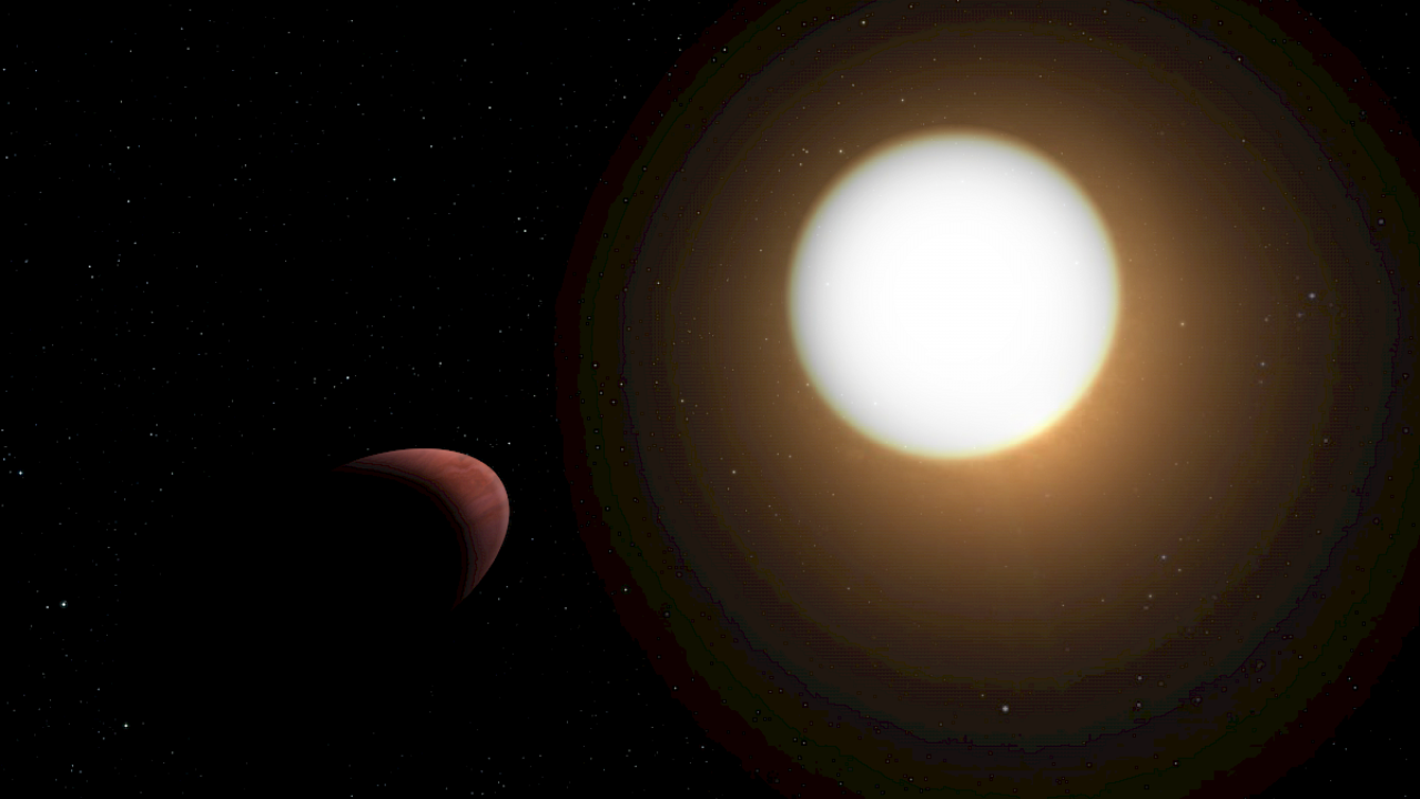 Imagem artística do exoplaneta com forma de bola de rugby WASP-103b, a orbitar a sua estrela-mãe. A estrela WASP-103 é 1,7 vezes maior e cerca de 200 graus mais quente do que o Sol